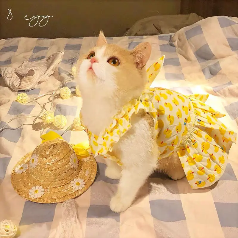

『Crurhmoon』Pet Cat Clothes Skirt Cute Duck Pattern Dress Wedding Dress New Plaid Striped