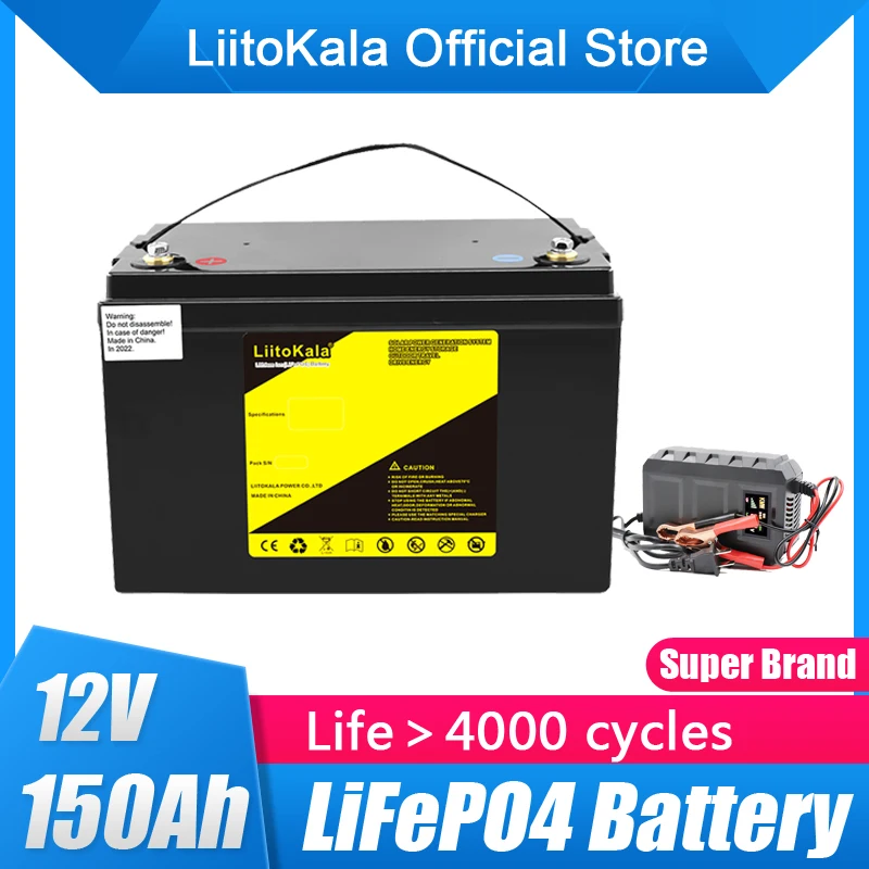 

LiitoKala Lifepo4 12.8V 12V 150AH lithium battery 100A BMS for 1200W Boats Solar energy storage golf carts RV inverter 14.6V20A