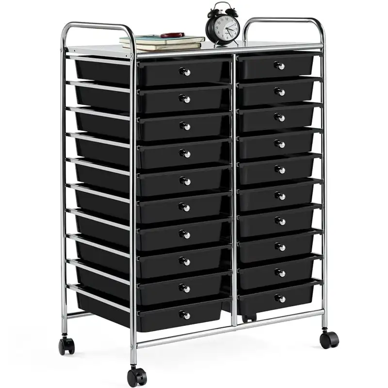 

Drawers Metal Frame Storage Cart Rolling Bin with Lockable Wheels, Black
