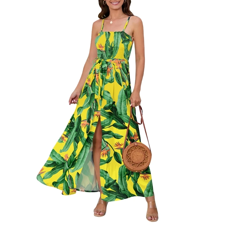 

Платье-макси в стиле бохо с разрезом, длинное платье на тонких бретельках, с тропическим принтом, без рукавов