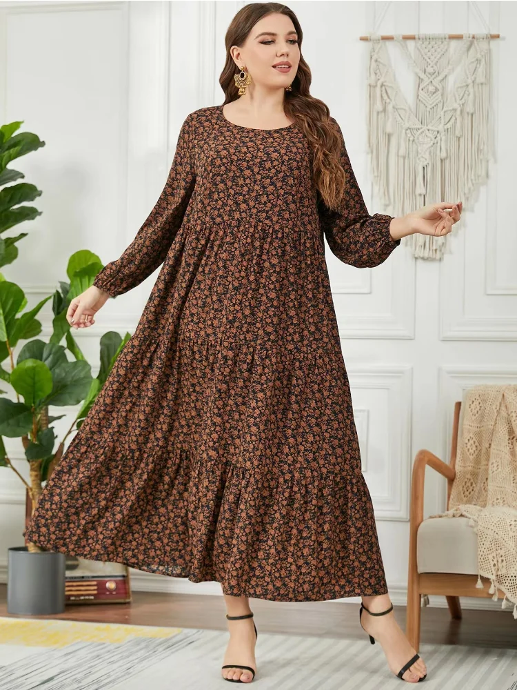 Plus-size print pullover temperament commuter long skirt plus-size women's dress women party dresses