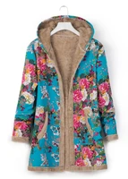 winter new womens warm jacket womens coat cotton and linen printed hooded sweater warm plush coat