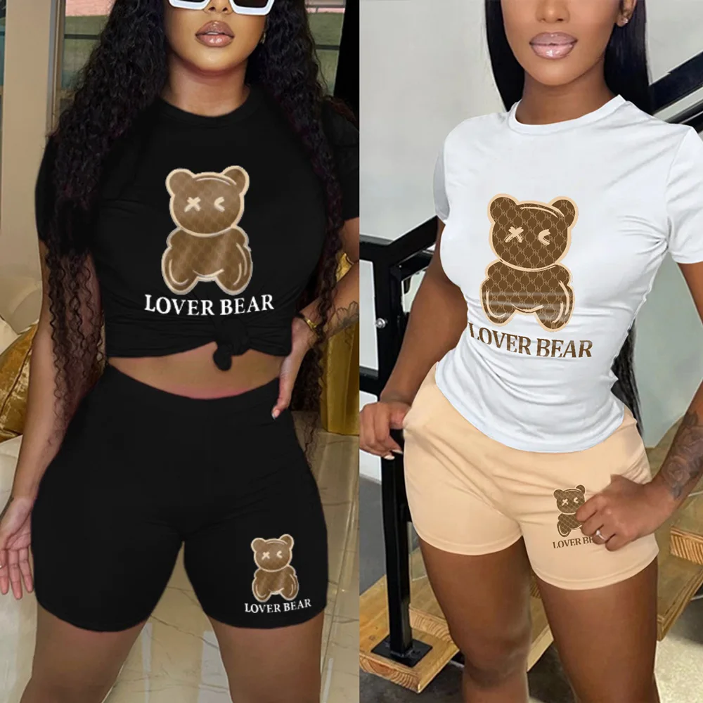 

Женский летний комплект из 2 предметов с принтом Love Bear, повседневный летний комплект из топа с коротким рукавом и шортов с надписью, 2023