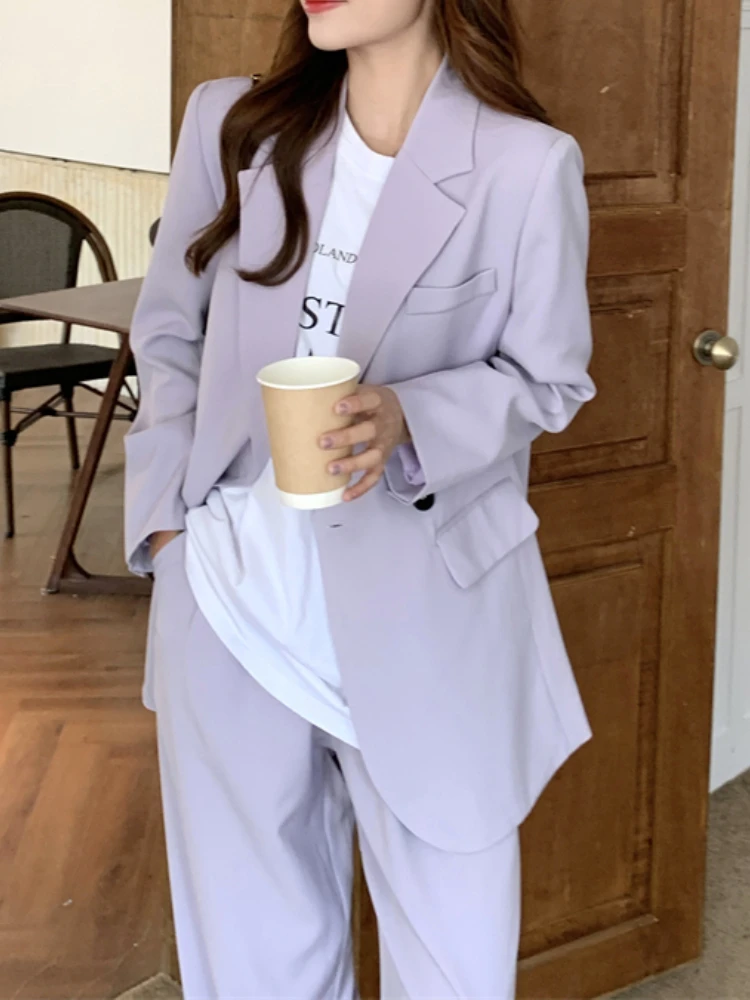 Women Purple Blazer 2 Pieces Set Solid Double Breasted Jacket Office Lady High Waist Pants Suit Female Korean Fashion Clothes