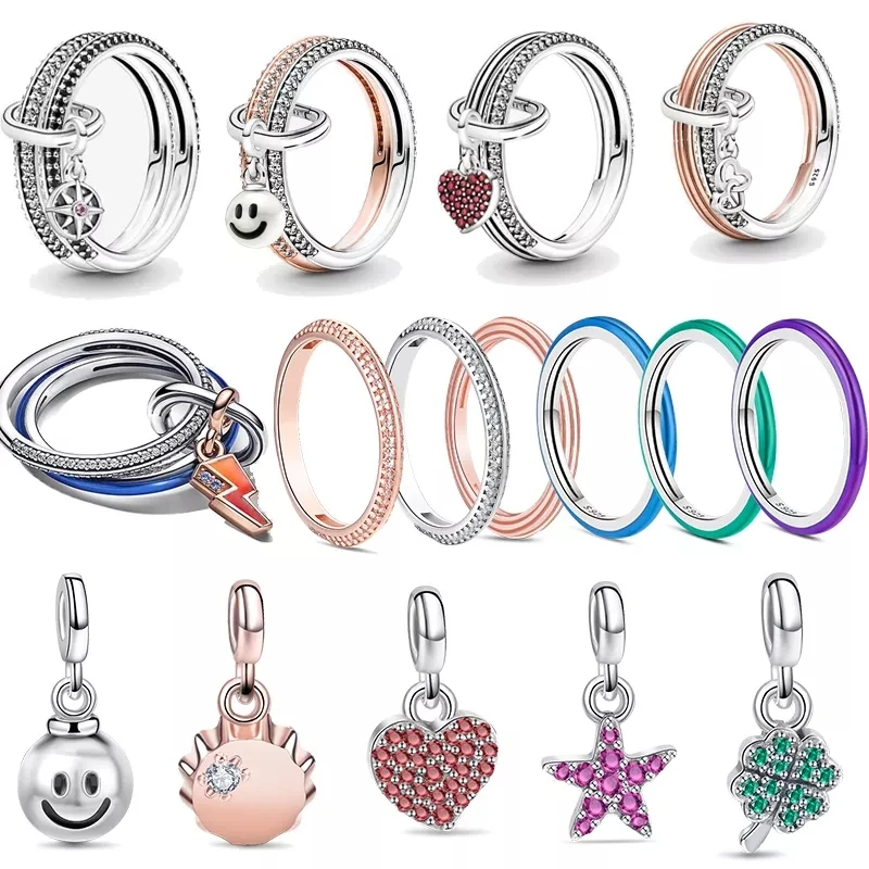 New ME Series 925 Silver Charms Rings Stackable Fit Original Pantora Sparkling Jewelry Bracelet Necklace Rings For Women Making