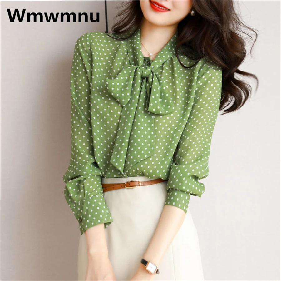 

Женская шифоновая блузка в горошек, с длинным рукавом