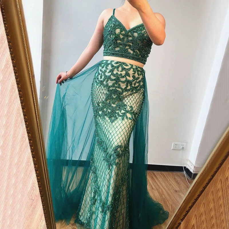 

Green V Neck Sleeveless Mermaid Beaded Evening Dresses Customized Best Price Sexy Formal Dinner Party Gowns For Women