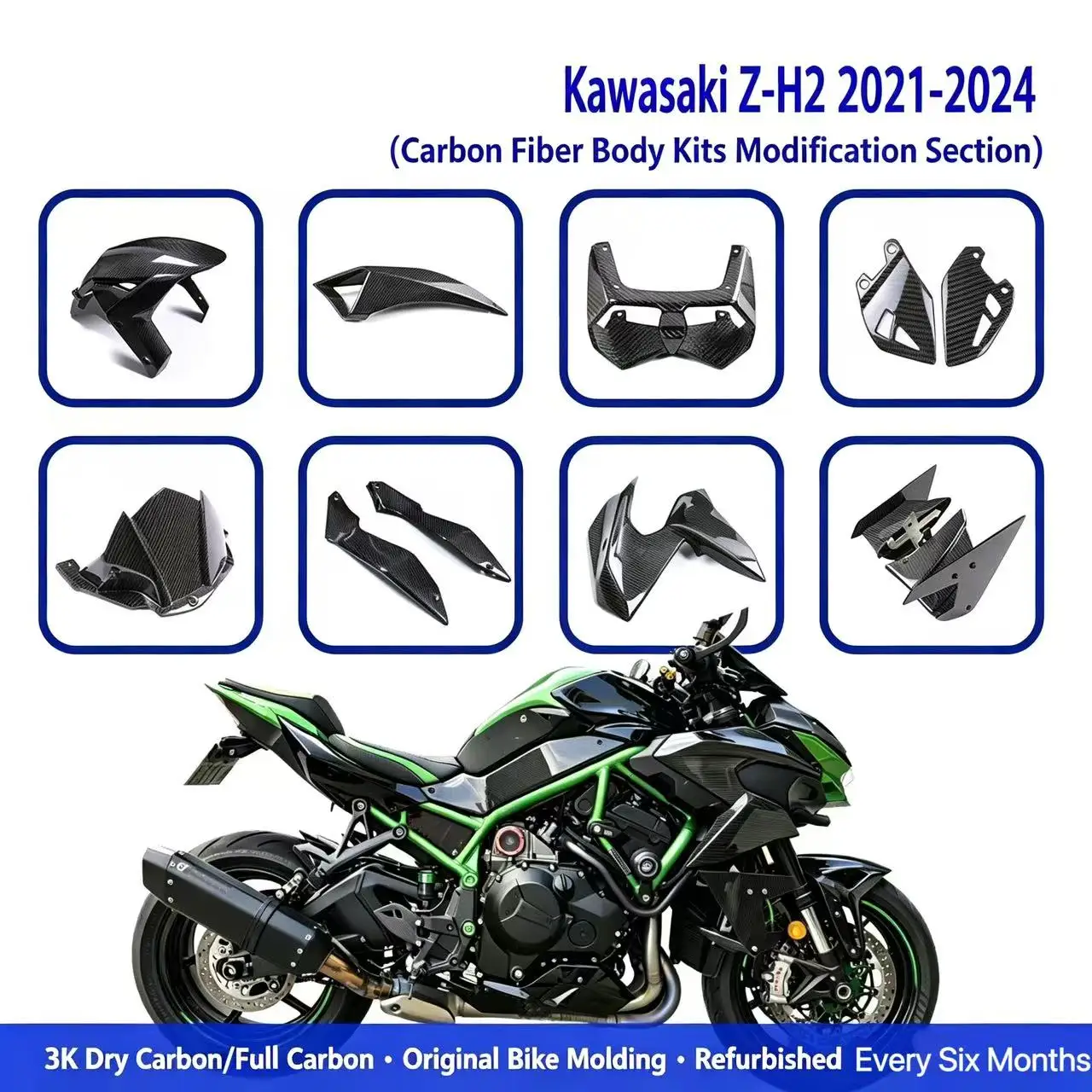 Фото Подходит для мотоцикла Kawasaki Z-H2 2021, 2022, 2023, 2024 годов выпуска, модифицированный карбоновый обвес, аксессуары, крыло. №1