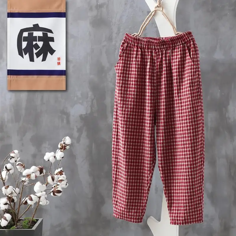 Женские летние простые свободные клетчатые хлопковые и льняные укороченные