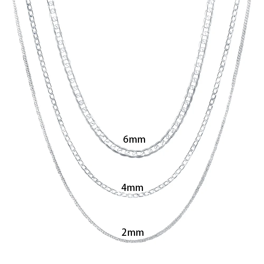 

925 Stamp Silver Color 2MM/4MM/6MM Side Chain Necklace For Woman Man Fashion Wedding Jewelry Gift 16/18/20/22/24/26/28/30 Inch