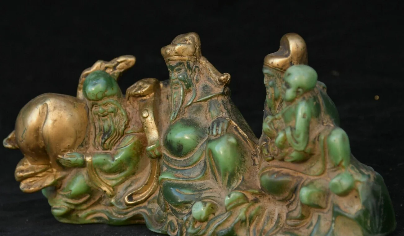 6 дюймов старый зеленый нефрит позолоченная резьба 3 долголетия Бог Фу Лу Шоу