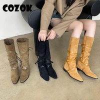 fashion boots women pointed toe mid heels ankle boots thick square heel slip on casual western cowboy botas knee high