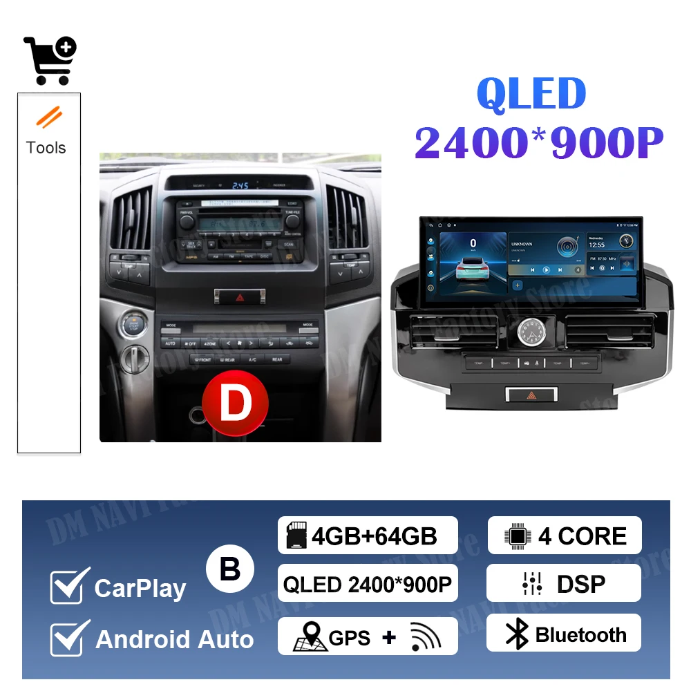 

Android 14 для Toyota Land Cruiser LC200 2007-2022 Автомобильный радиоприемник Мультимедийная навигация GPS 4G WIFI BT 12,3-дюймовый сенсорный QLED экран