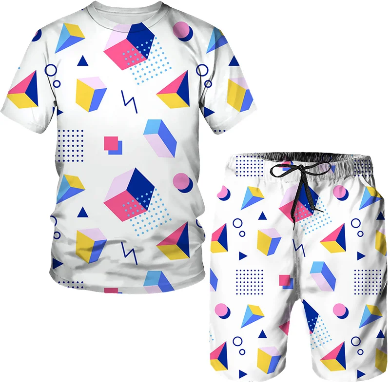 Fun Geometry Pattern Printing Men's T Shirt Loose O-neck Short Sleeve Tops Casual Comfortable Shorts 2 Piece Outfit Men Clothing