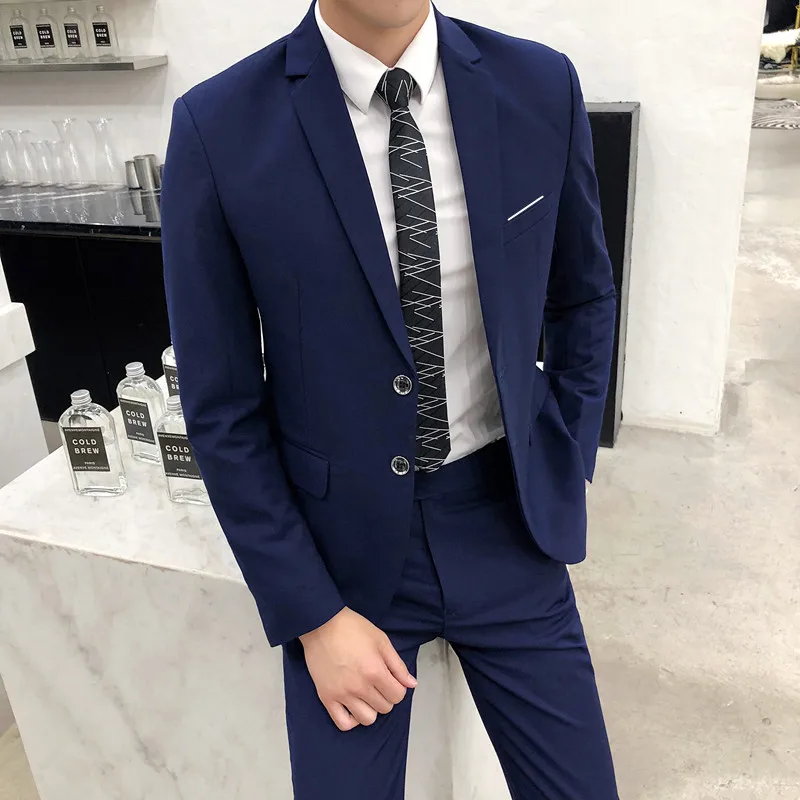 

Пиджак и брюки, мужской повседневный деловой костюм, облегающий хлопковый костюм для жениха, два костюма, 2021, S-5XL