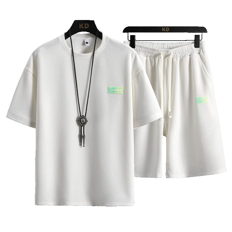 Men's Tracksuit Casual Sport 2-piece Set with Short Sleeve T-shirt and Shorts Waffle Loose Solid Color Men's Summer Sets