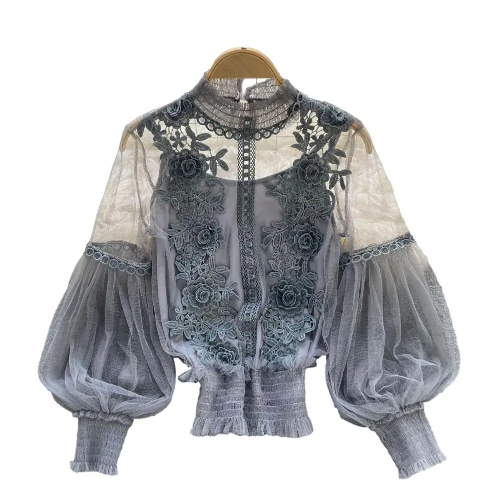 

Женская блузка с цветочной аппликацией, женская прозрачная блузка с тонким кружевным рукавом, эластичная манжета с круглым вырезом, весна-осень Bl