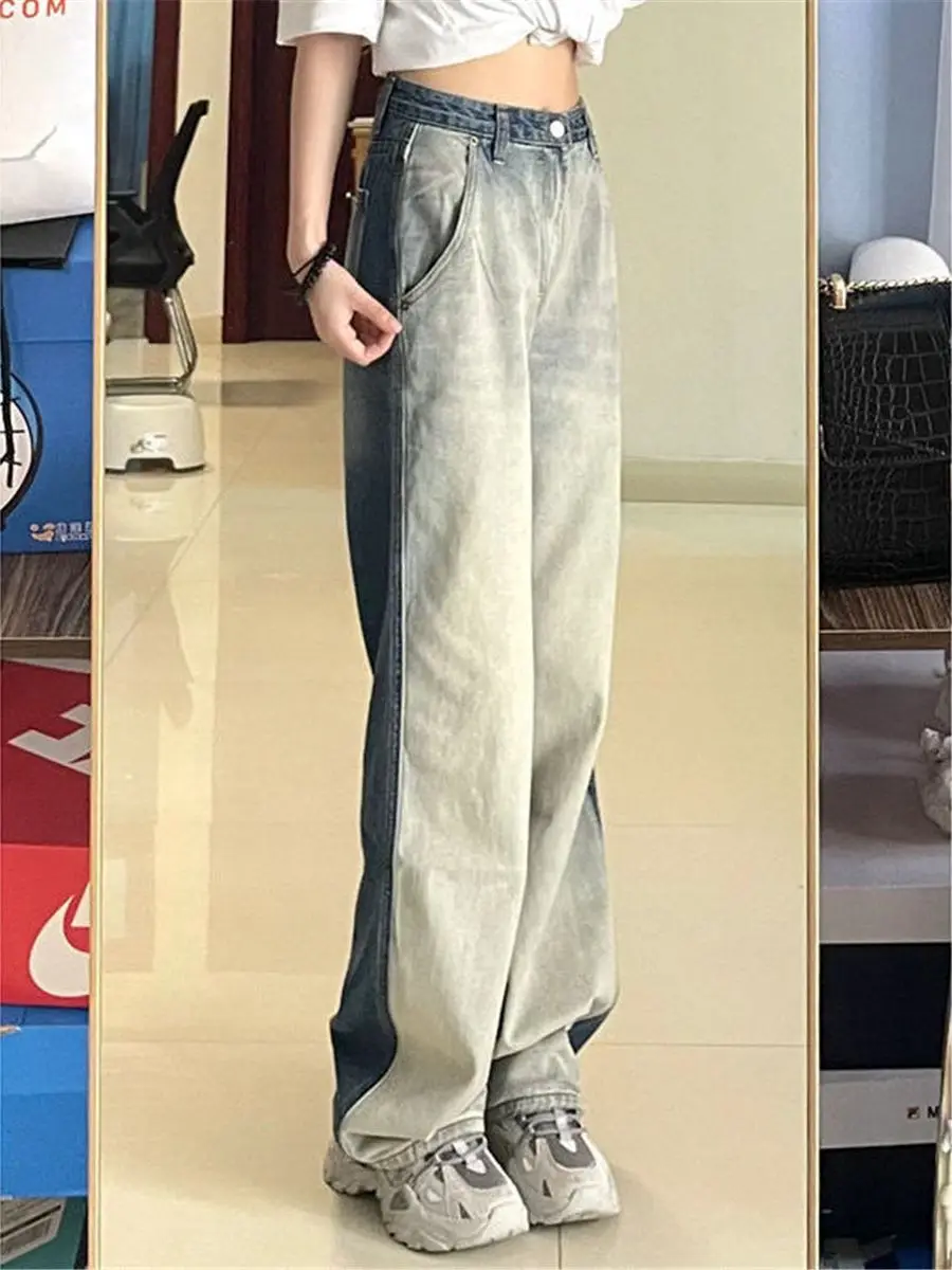 

Модные лоскутные джинсы для девушек Ulzzang с широкими штанинами прямые брюки Harajuku Студенческая джинсовая сумка винтажные осенние джинсы для женщин