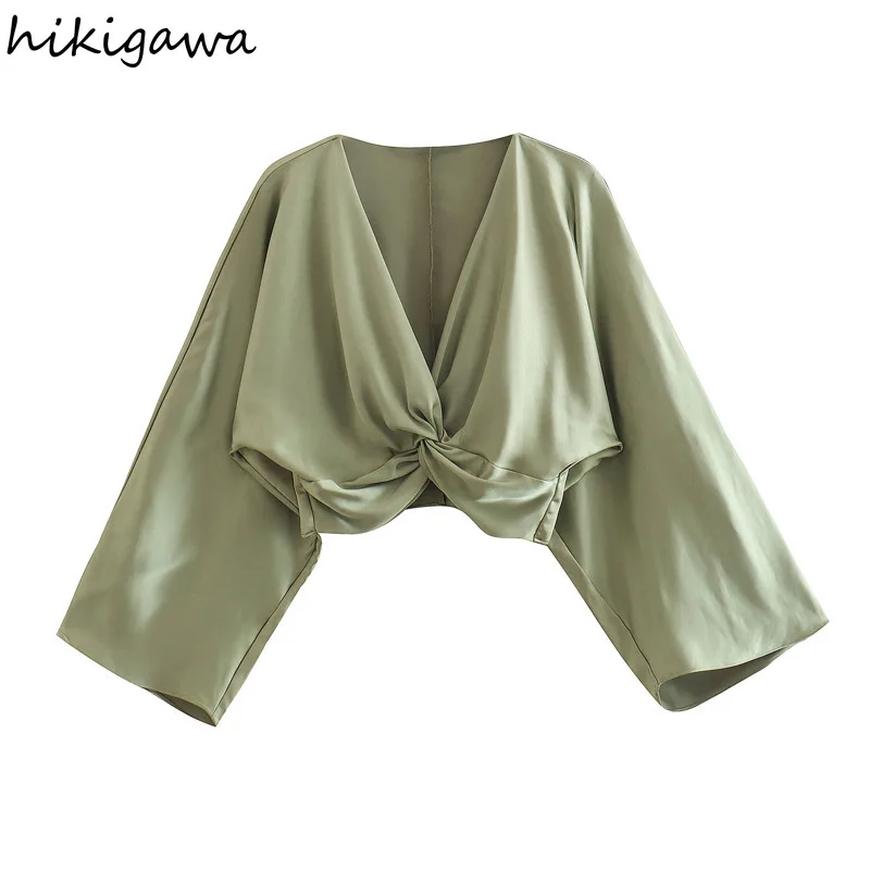 

Hikigawa Chic Fashion Women Tops Knotted Silk Stain Texture Loose Casual Shirts Vintage Long Sleeve Blouse Cropped Top Mujer