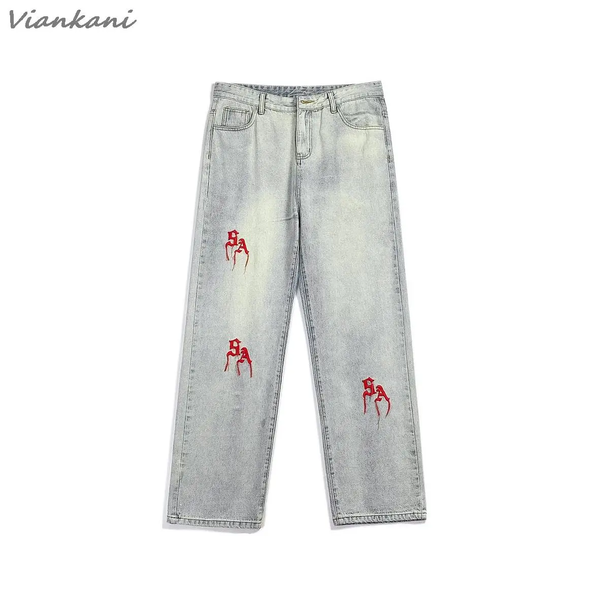 High Quality Embroidered Straight Jeans Mens Y2K Retro Red Letter Loose Denim Pants Fashion Casual Streetwear Hip Hop Trousers