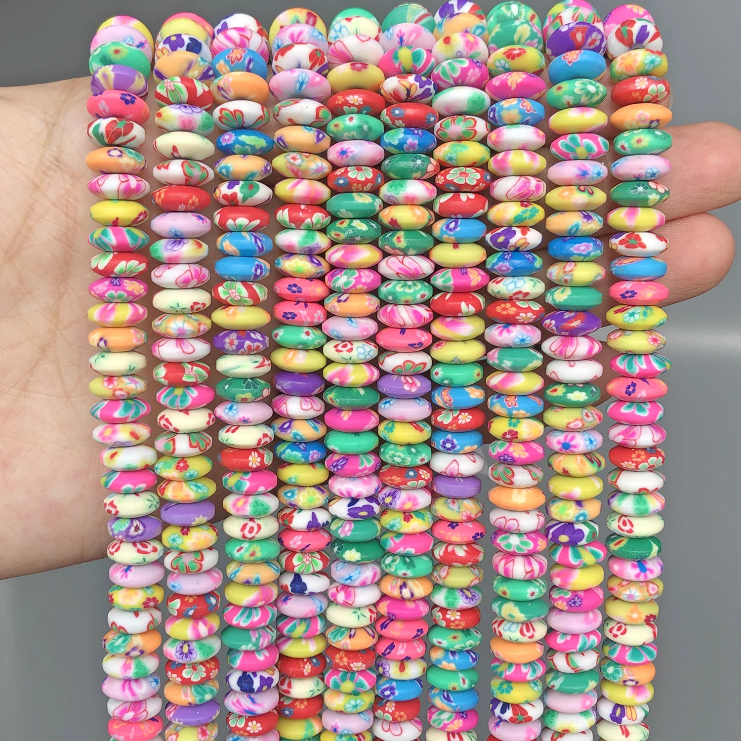 Бусины из полимерной глины с цветным цветочным узором 8x3 мм