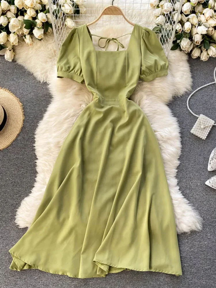 Летнее французское платье в стиле ретро женское миди с квадратным воротником и