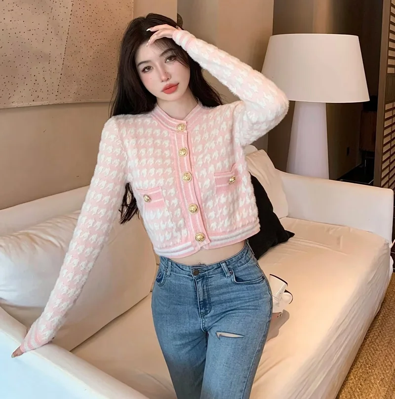 

Houndstooth Coat Women's Korean Long-sleeved Row Button Pink Mohair Coat Autumn Winter Warm Plush Black Plaid Top Jacket Women