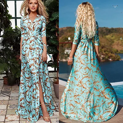 

2021 Fashion Printed Half Sleeve V Neck Slit A Line Casual Prom Dresses Female Long Sexy Daily Ritual Frock Vestidos De Noche