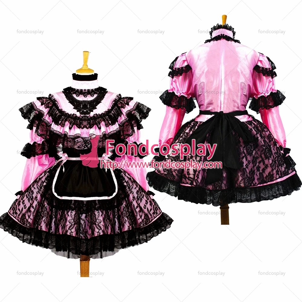 

adult sexy cross dressing sissy maid short Pink Satin Lockable Uniform Dress black apron lace Custom-made[G661]