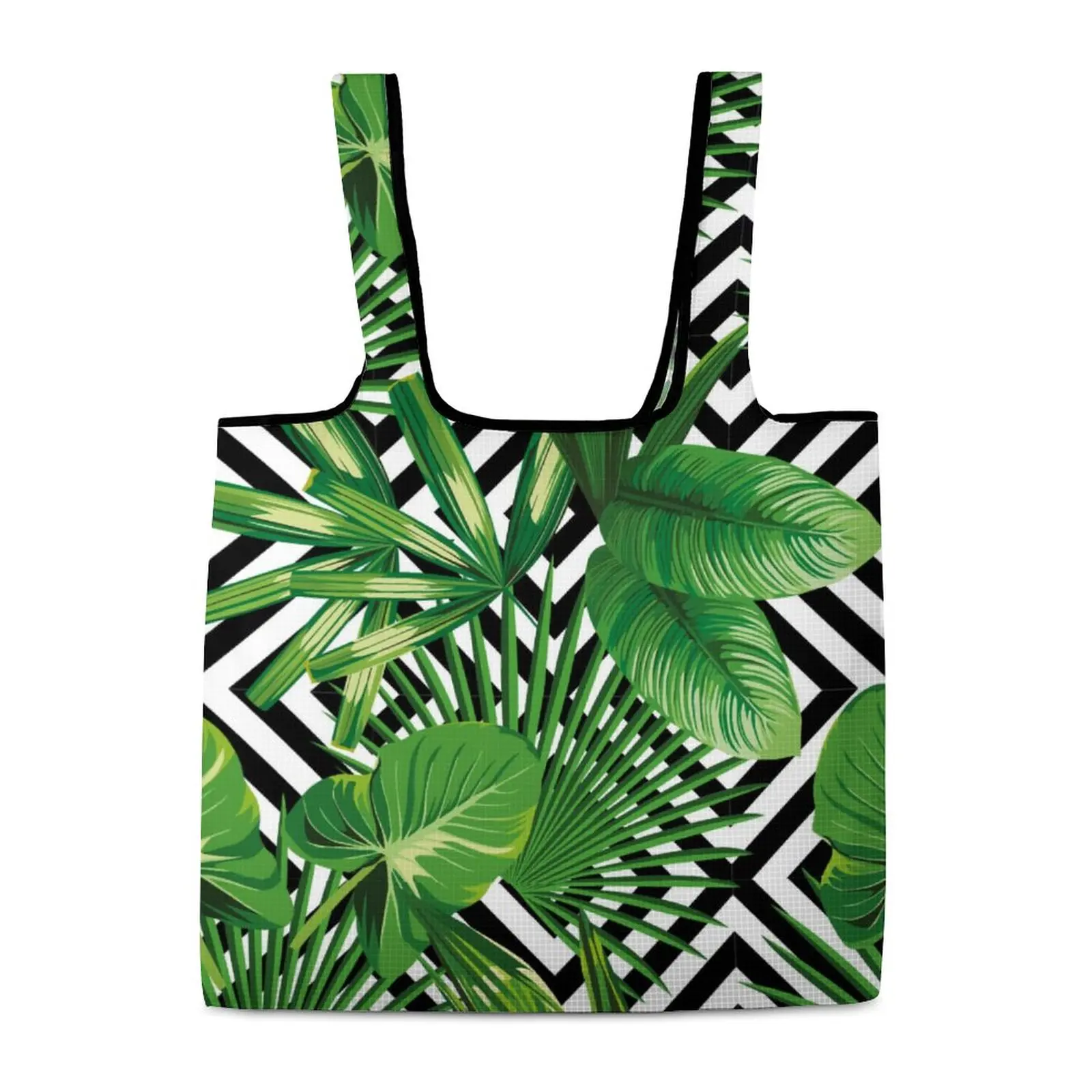 Black And White Striped Green Leaves Printed Portable Foldable Tote Bag Shopper Bag Washable Grocery Bag Customize Your Pattern