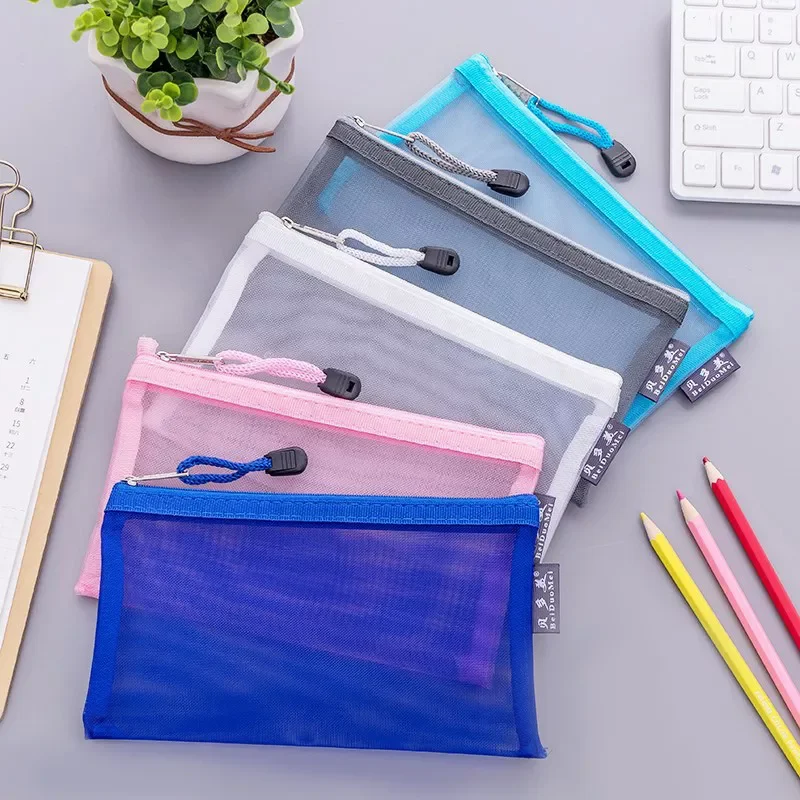 

Creative Transparent Mesh Zipper Office Supplies Pencil Case Pen Bag A6 Storage Bag Large Capacity Stationery Pencil Bags
