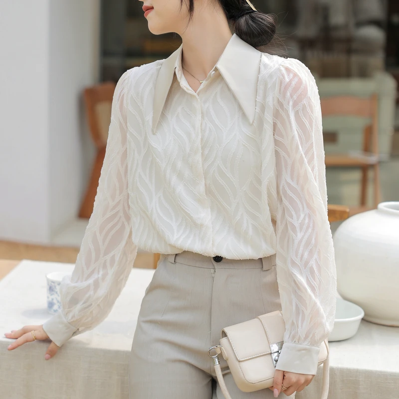 

Vintage See Through Polo Blouse Women Long Lantern Sleeve Spring Autumn Tops Chiffon Shirts Blusas Mujer