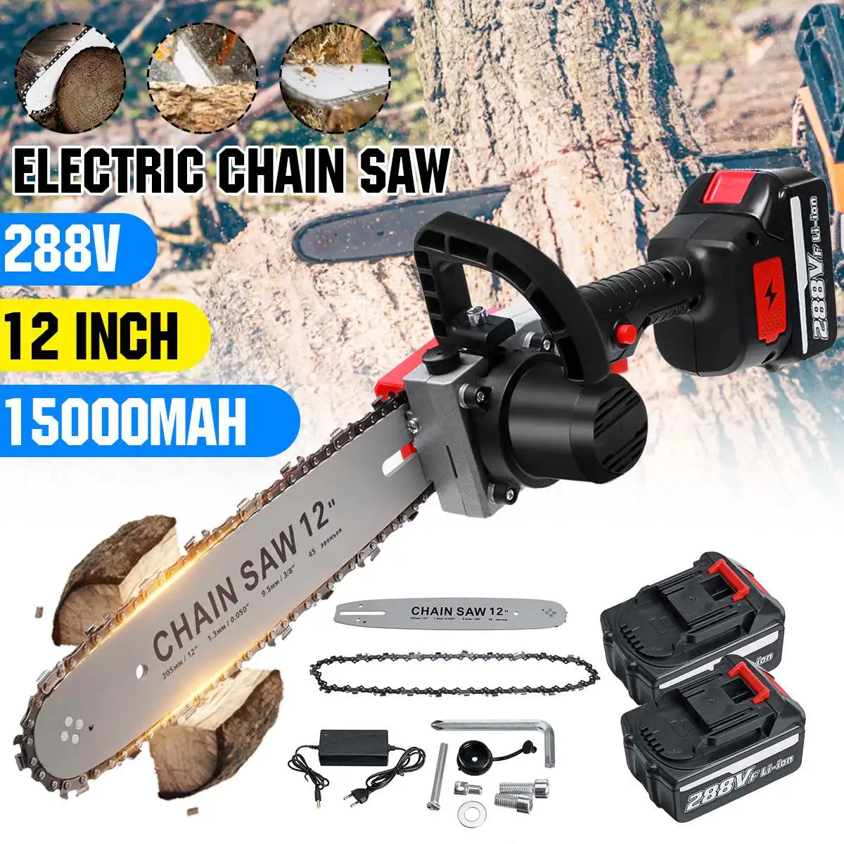 

288VF 12 Inch Electric Saw Chainsaw with 2x15000mAh Battery Brushless Motor Rechargeable Wood Cutter For Makita Battery