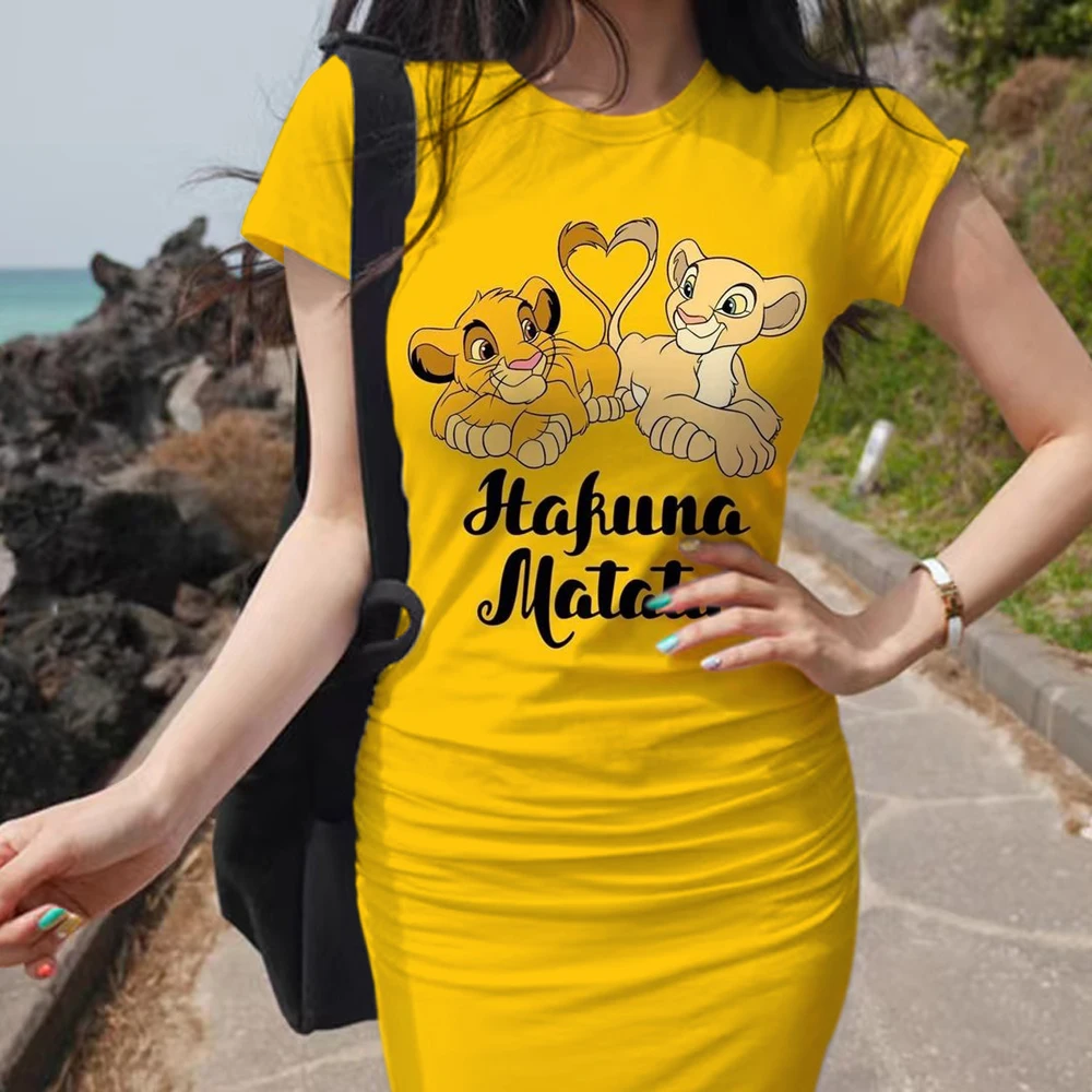 

Disney Brand Summer Women's New Korean Temperament Lion King Print Dress Section Short-sleeved Waist Tight Sexy Bag Hip Dress