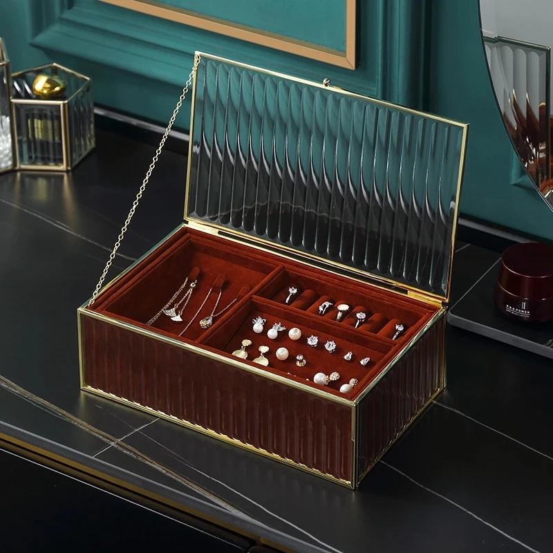 

Хит продаж, роскошная стеклянная шкатулка для хранения ювелирных изделий, настольный органайзер для ожерелья, кольца, сережек, косметики, к...