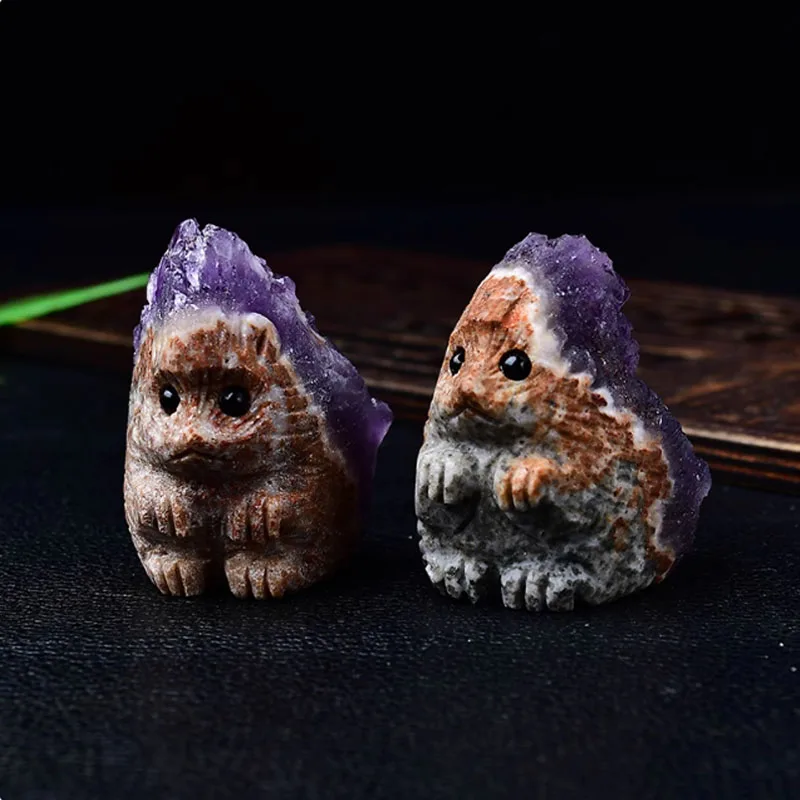 Мини-натуральный Уругвайский аметист кварцевый кристалл кластер статуя ежа