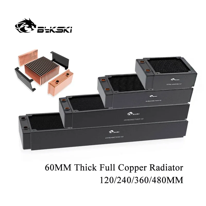 Bykski 60mm Thick Full Copper Radiator PC Water Cooling Radiator Computer Cooler Heatsink 3 Floors Channel,120/240/480/360MM