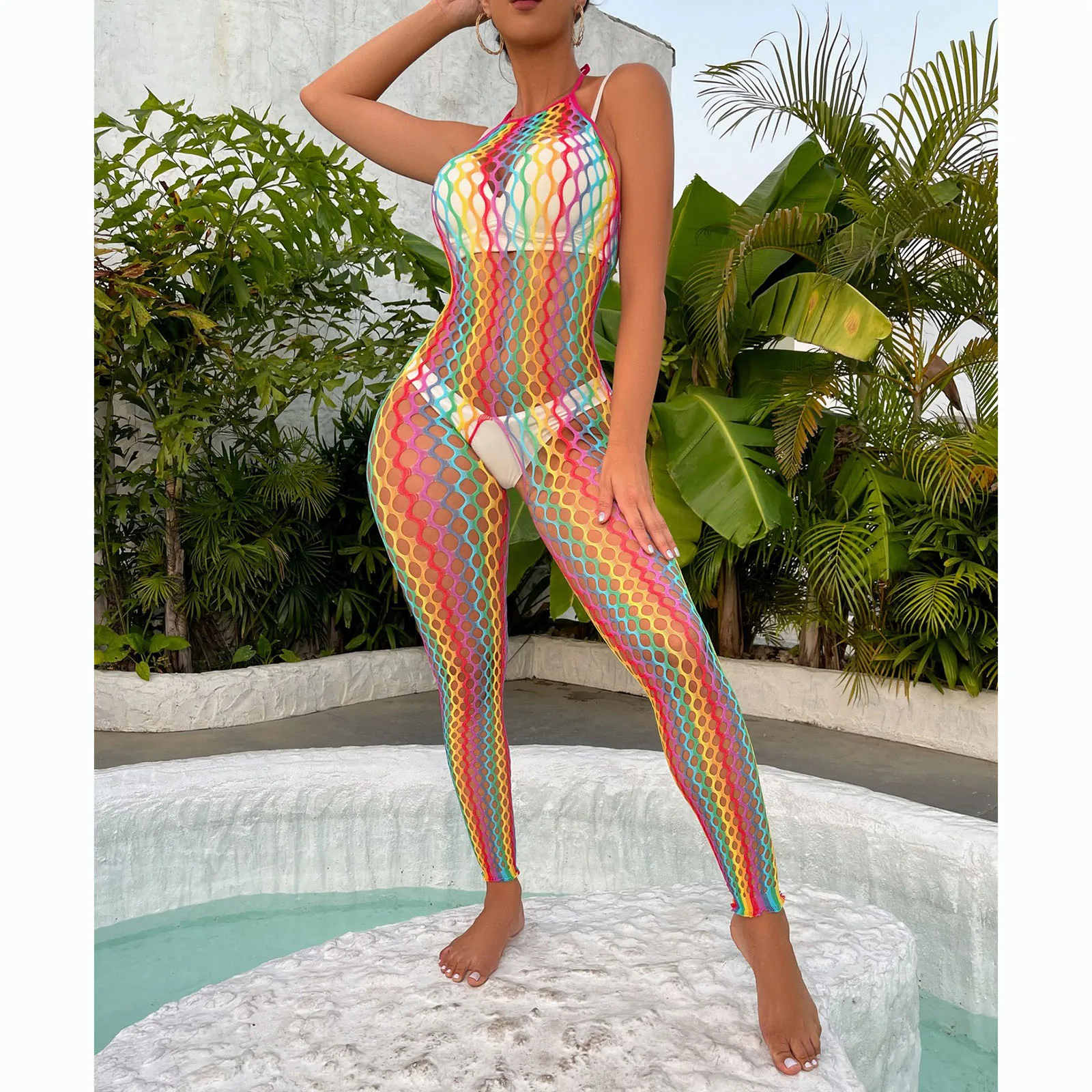 

Womens Colorful Hollow Out See-through Backless Halter with Lace-up Fishnet Nightwear Vacation Beach Bikini Cover Ups Beachwear