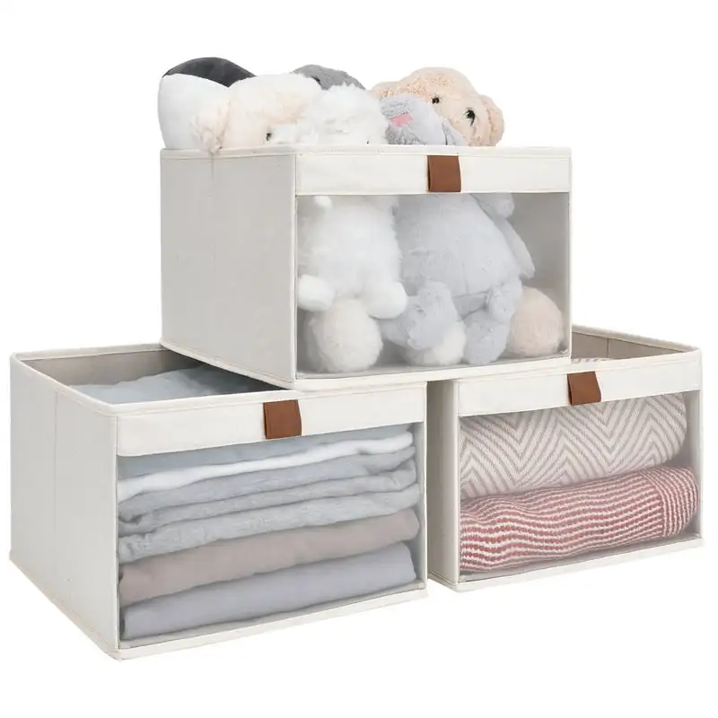 

Storage Bins With PVC Window, Fabric Collapsible Storage Box For Closet Organization, Stackable Container, White, 12.4"x11.6"x8.