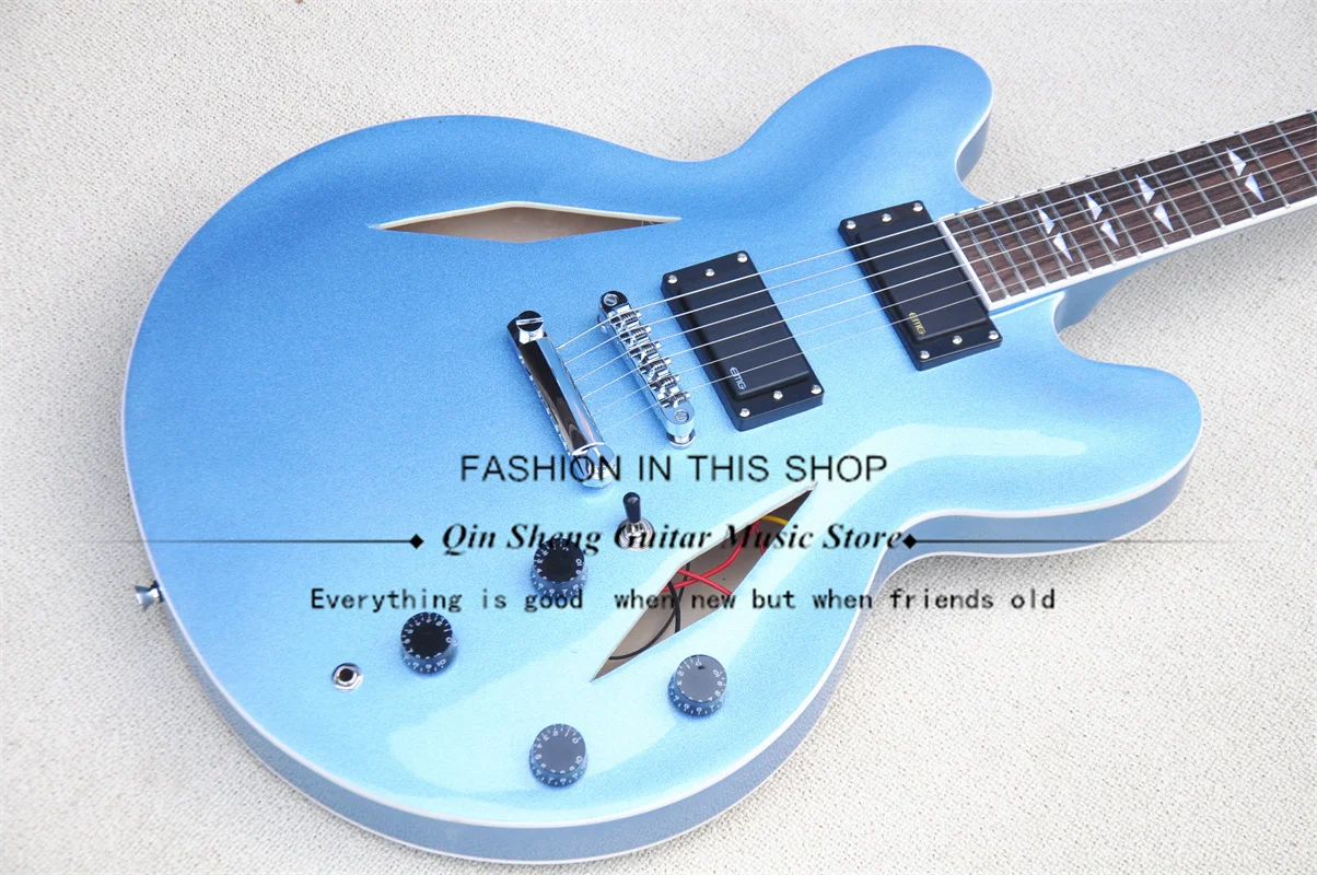 6-струнная электрическая гитара, металлическая синяя гитара DG 335 с полым корпусом, хромированная мостовая черная звукосниматель