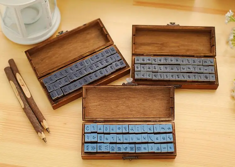 

42Pcs per set Handwriting Alphabet letter Wooden Stamp Set Retro Vintage Craft Rubber Stamp New diy Wooden Box
