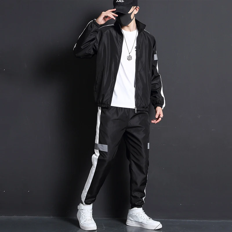 2023 Men Fashion Tracksuit Spring Autumn Reflective Sweatshirt +Sweatpants Tracksuit Set Men New Patchwork Slim Fit Sweat Suits