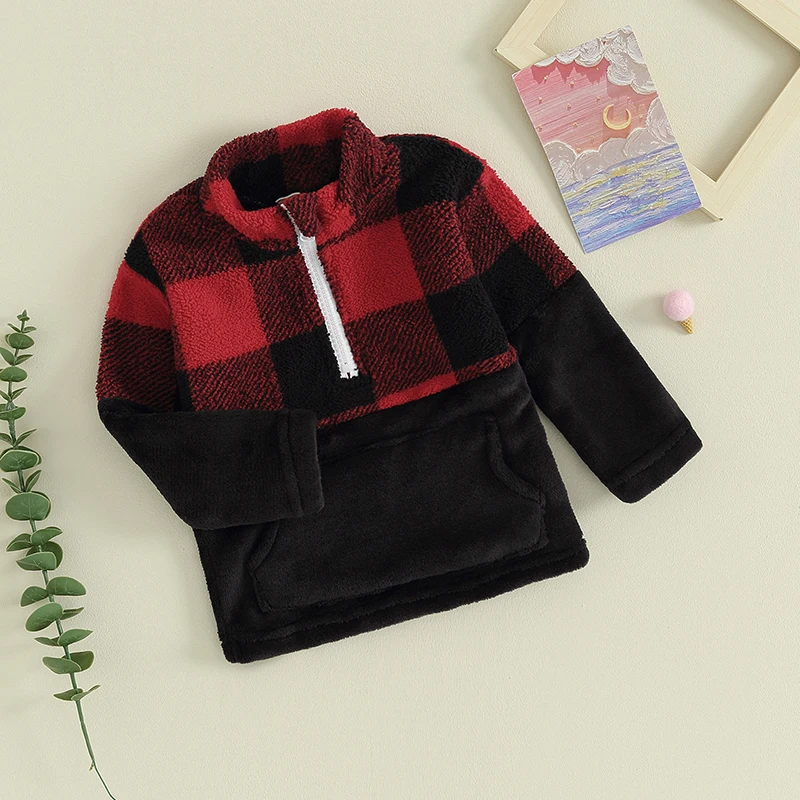 

Kids Sweatshirt Long Sleeve Stand Collar Plaid Patchwork Hoodie Pullover Clothes for Boys Girls