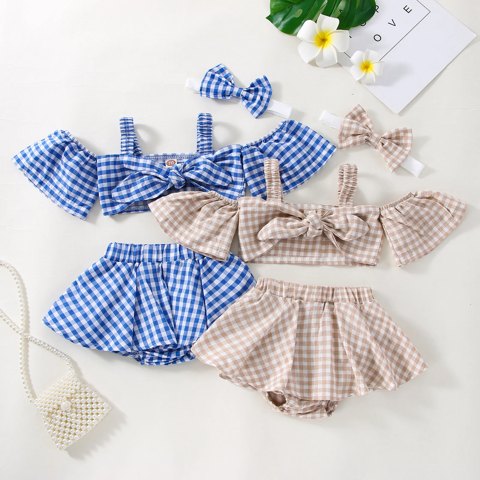 

3Pcs Little Girls Plaid Outfit Summer Knotted Off Shoulder Short Sleeve Suspender Tops + Skirt Splicing Shorts + Headwear Set