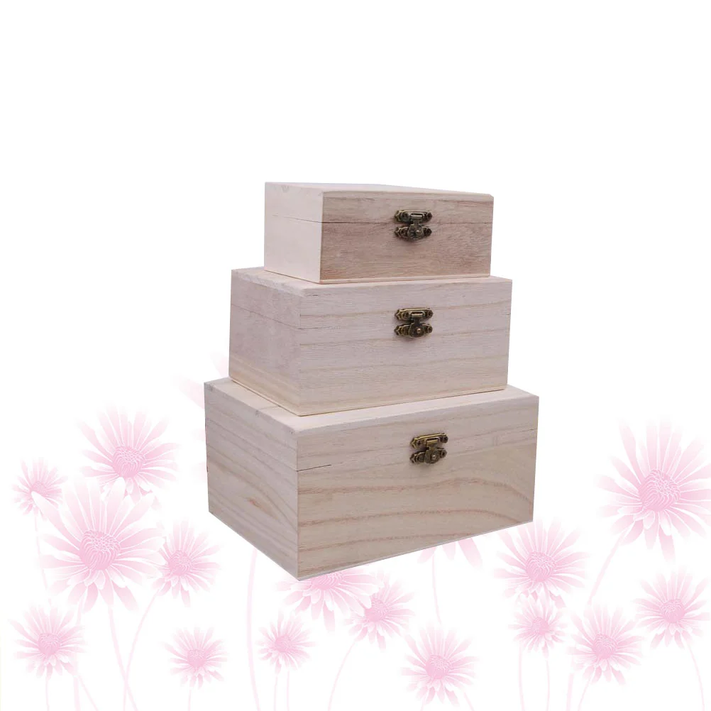 

Box Wooden Wood Unfinished Boxes Crafts Diy Storagelockcase Unpainted Jewelry Plain Piece Blank White 3 Bulk Small Pine Treasure