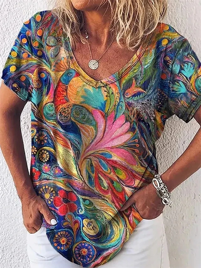 

Женская футболка с абстрактным рисунком, базовый Свободный пуловер с V-образным вырезом и графическим принтом в виде граффити, лето 2022