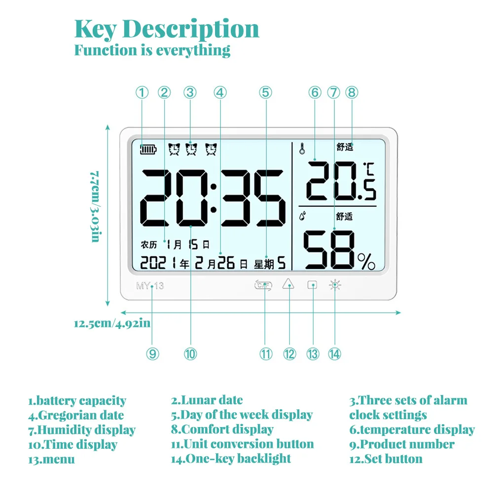 

Rechargeable LCD Thermometer Indoor Humidity Accurate Meter Desktop Gauge Multifunctional Clock Bedside Garage