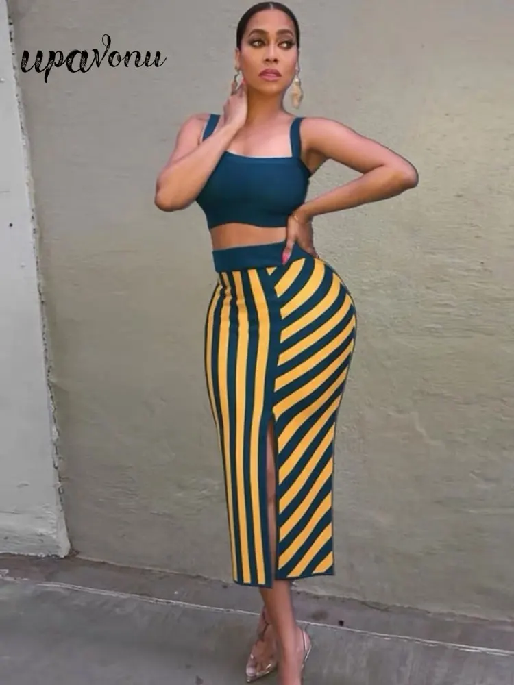 

2022 Fashion Striped Bandage Skirt Two Piece Set Women's Sexy Camisole Top & High Waist Tight Split Skirt Set Club Party Vestido