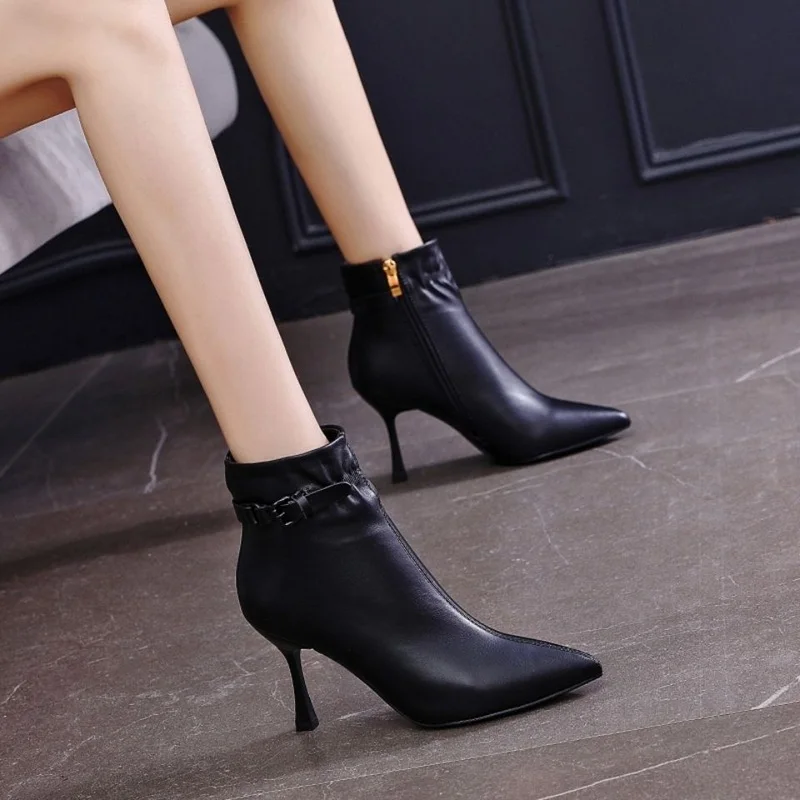 

2022 Women High Heeled Ankle Boot Fashion Buckle Winter Shoes Short Botas Side Zip,Pointed Black,Apricot,Dropship Boots Women