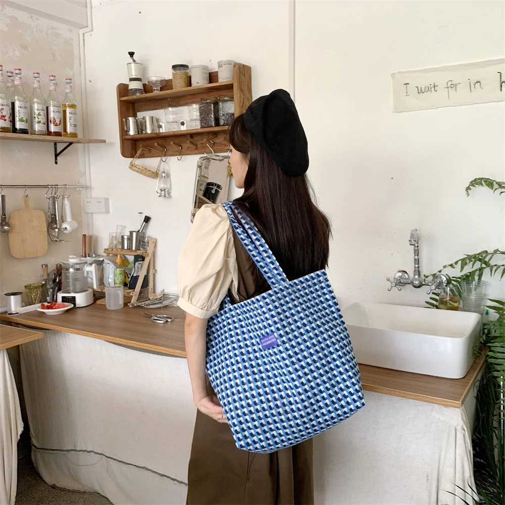 

Women's Canvas Shoulder Bags Plaid Double-side Large Capacity Handbags Female Shopping Portable Lazy All-match Foldable Tote Bag